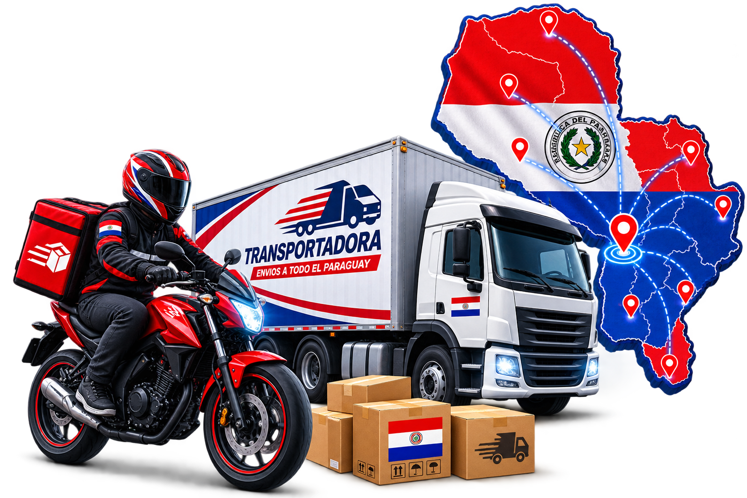 Delivery en moto, transportadora y mapa del Paraguay
